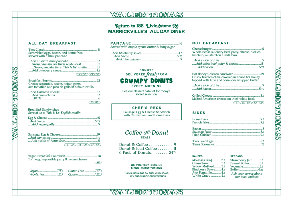 Valentina's Marrickville menu