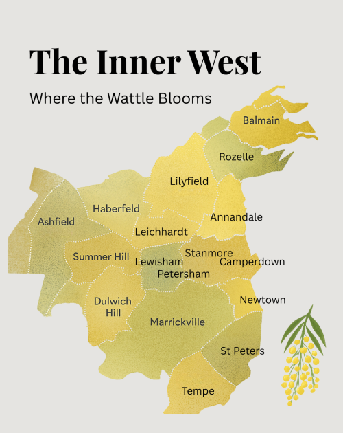 Inner West Sydney Map Map of Sydney’s Inner West showing the Wattle Trail — a local movement connecting homes, cafés, and stories through hand-painted wattle markers.