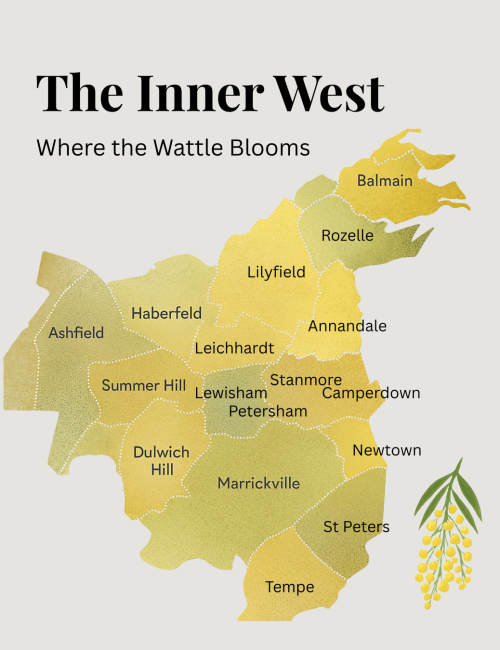 Map of Sydney’s Inner West showing the Wattle Trail — a local movement connecting homes, cafés, and stories through hand-painted wattle markers.